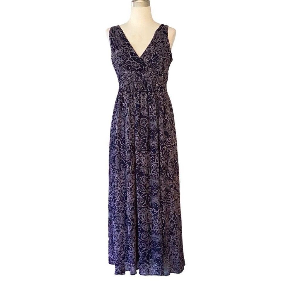 Motherhood Maternity Navy Blue Pink Chiffon Maxi Dress Women’s S Sleeveless Line